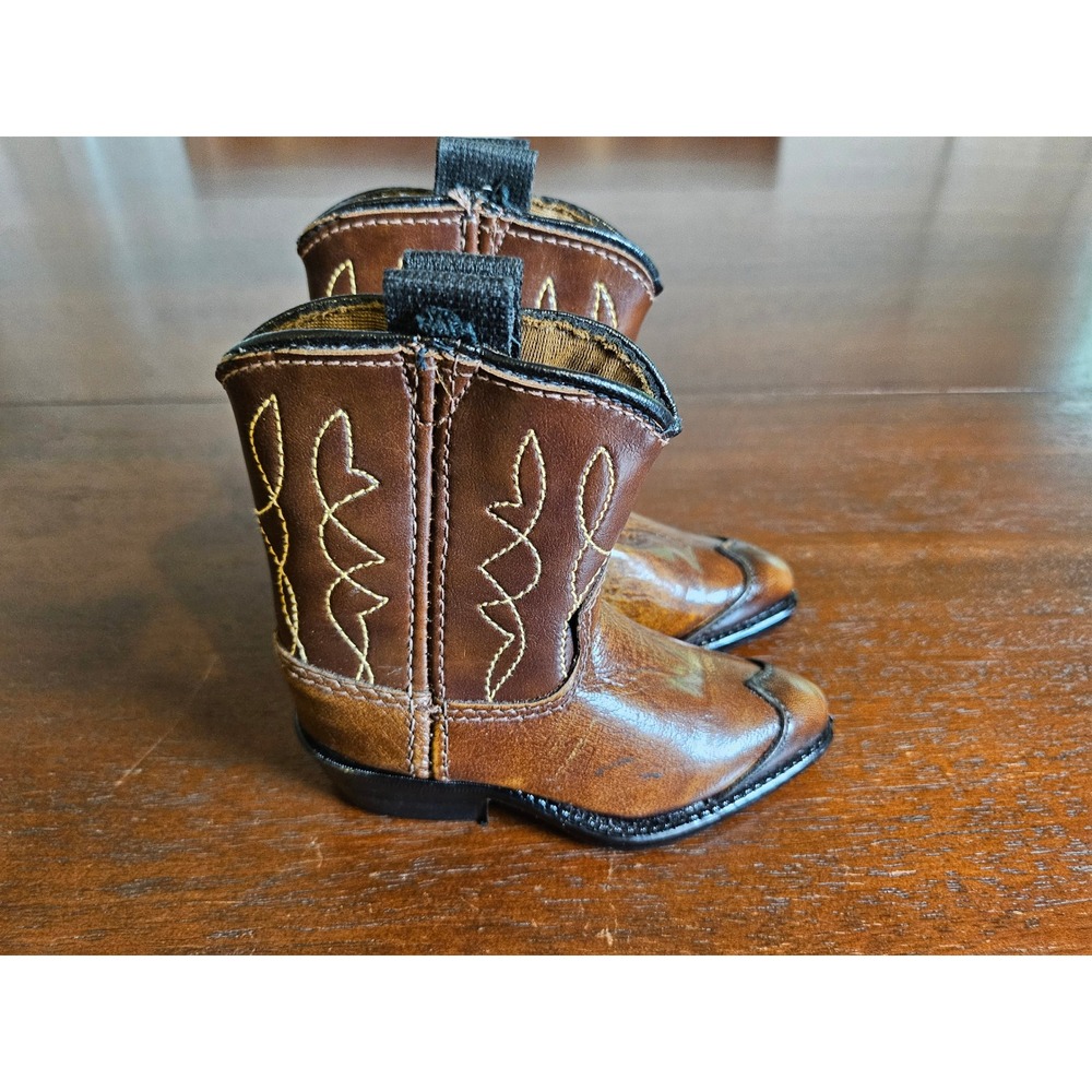 Acme Cowboy Boots Infant Size 4 Brown Western Faux Leather Stitched Pull On
